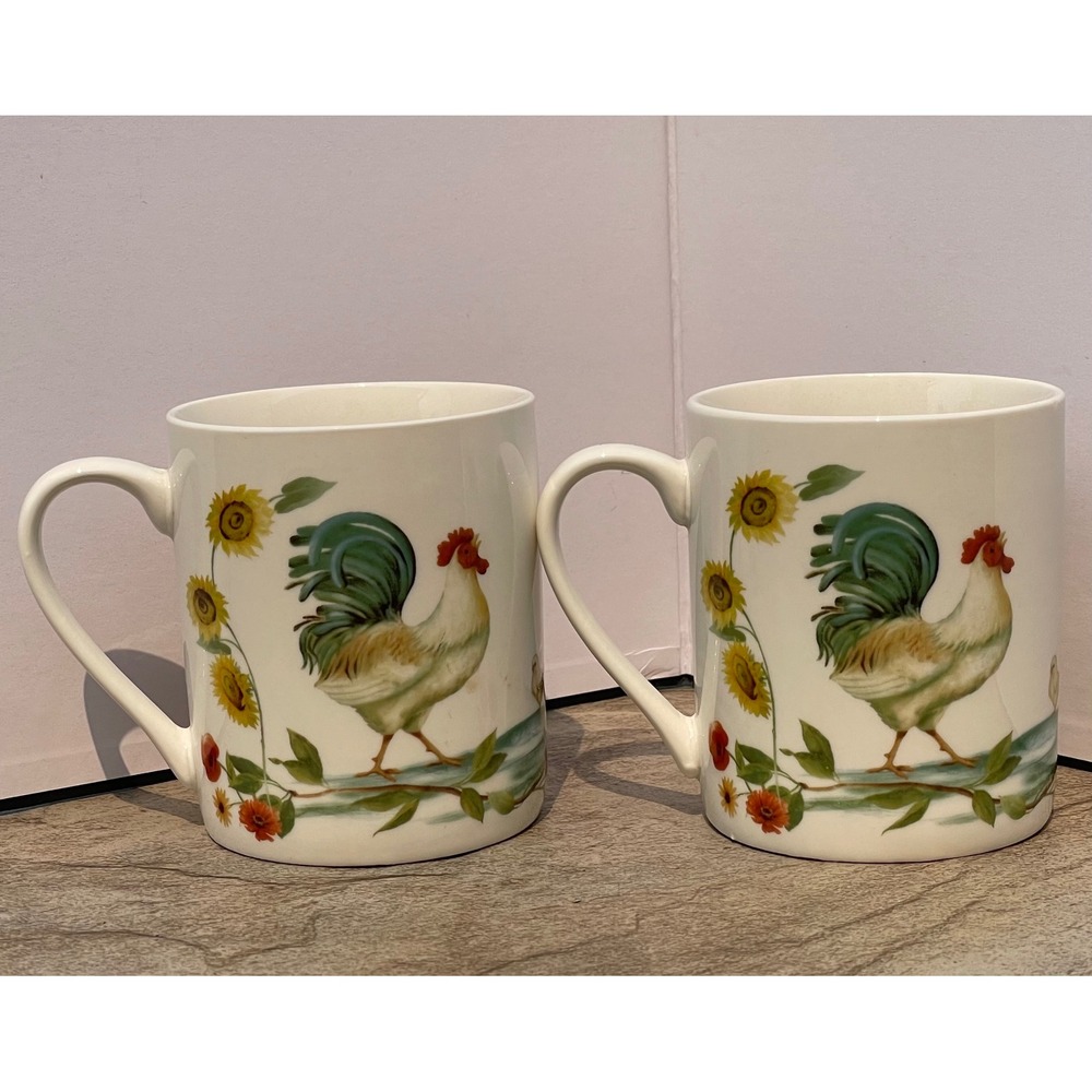 Pfaltzgraff Rooster Meadow 2 Coffee Mugs White Farmhouse Sunflower Daphne B